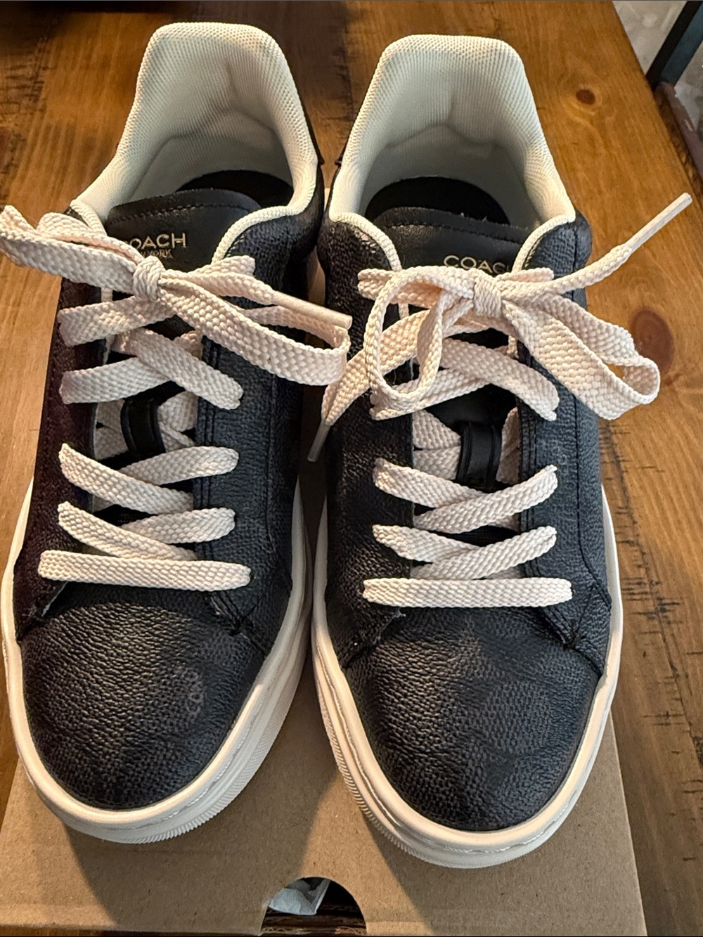 Coach Black Leather Low-Top Sneakers with Cream Laces